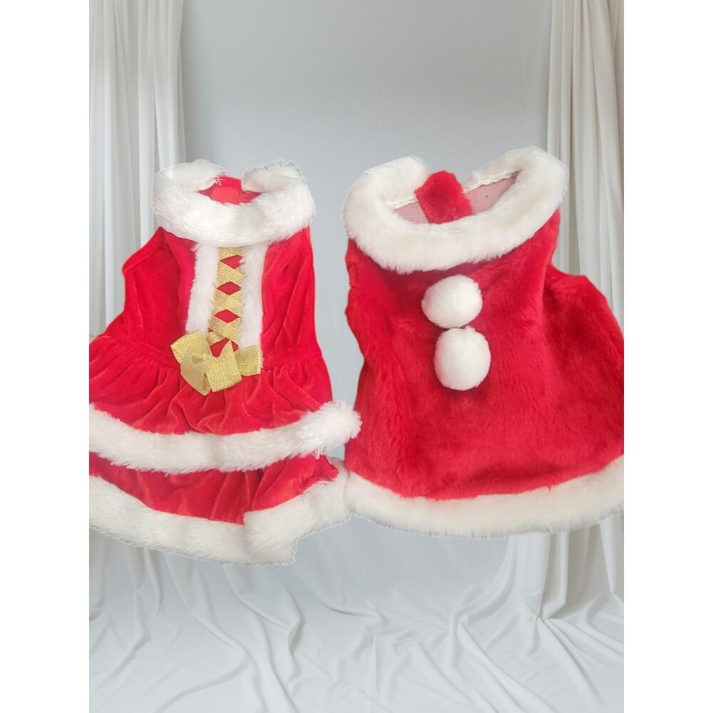 2 Santa Christmas Dog Coat Dress Red White Winter Velvet Faux Fur Size Small